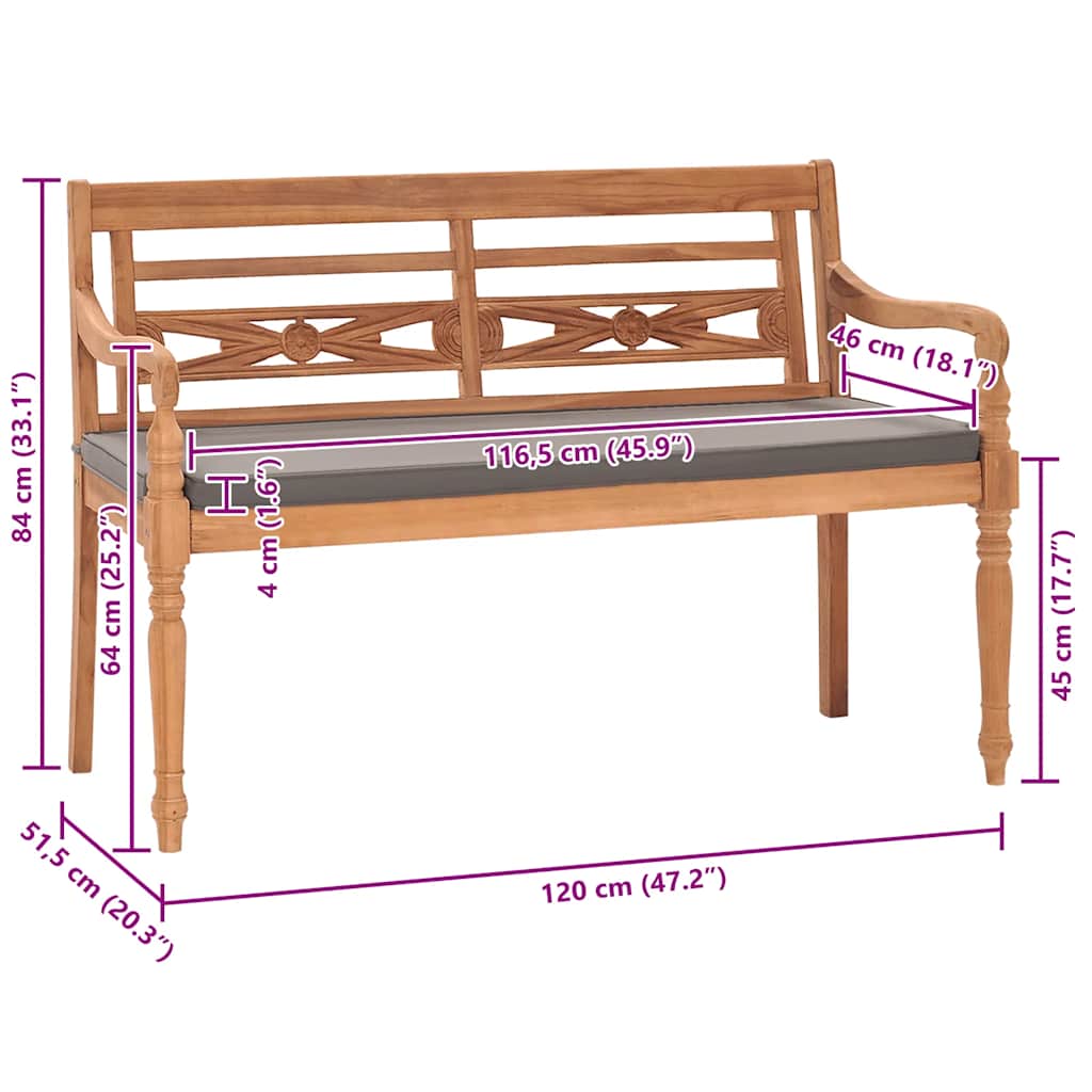 Panca Batavia con Cuscino Grigio Scuro 120 cm Massello di Teak | homemem39