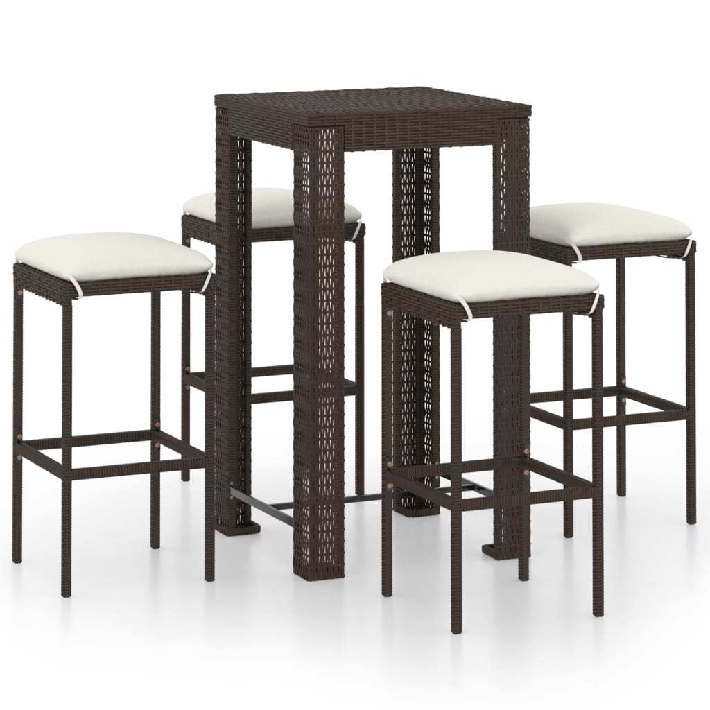 5 pc Garden Bar Set with Brown Polyrattan Cushions