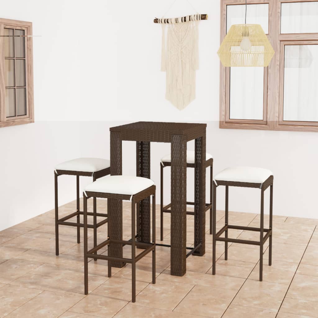 5 pc Garden Bar Set with Brown Polyrattan Cushions