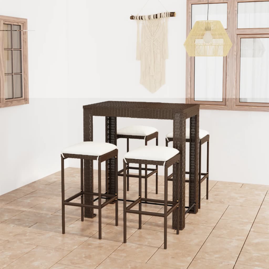 5 pc Garden Bar Set with Brown Polyrattan Cushions