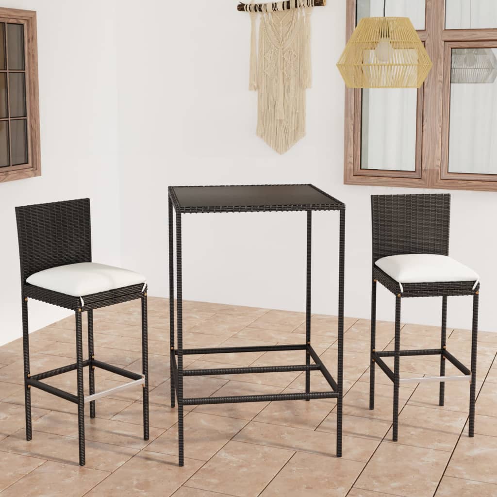 Set Bar da Giardino 3 pz con Cuscini in Polyrattan Nero - homemem39