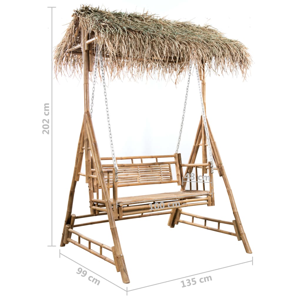 Dondolo da Giardino 2 Posti Cuscini Foglie di Palma 202cm Bambù