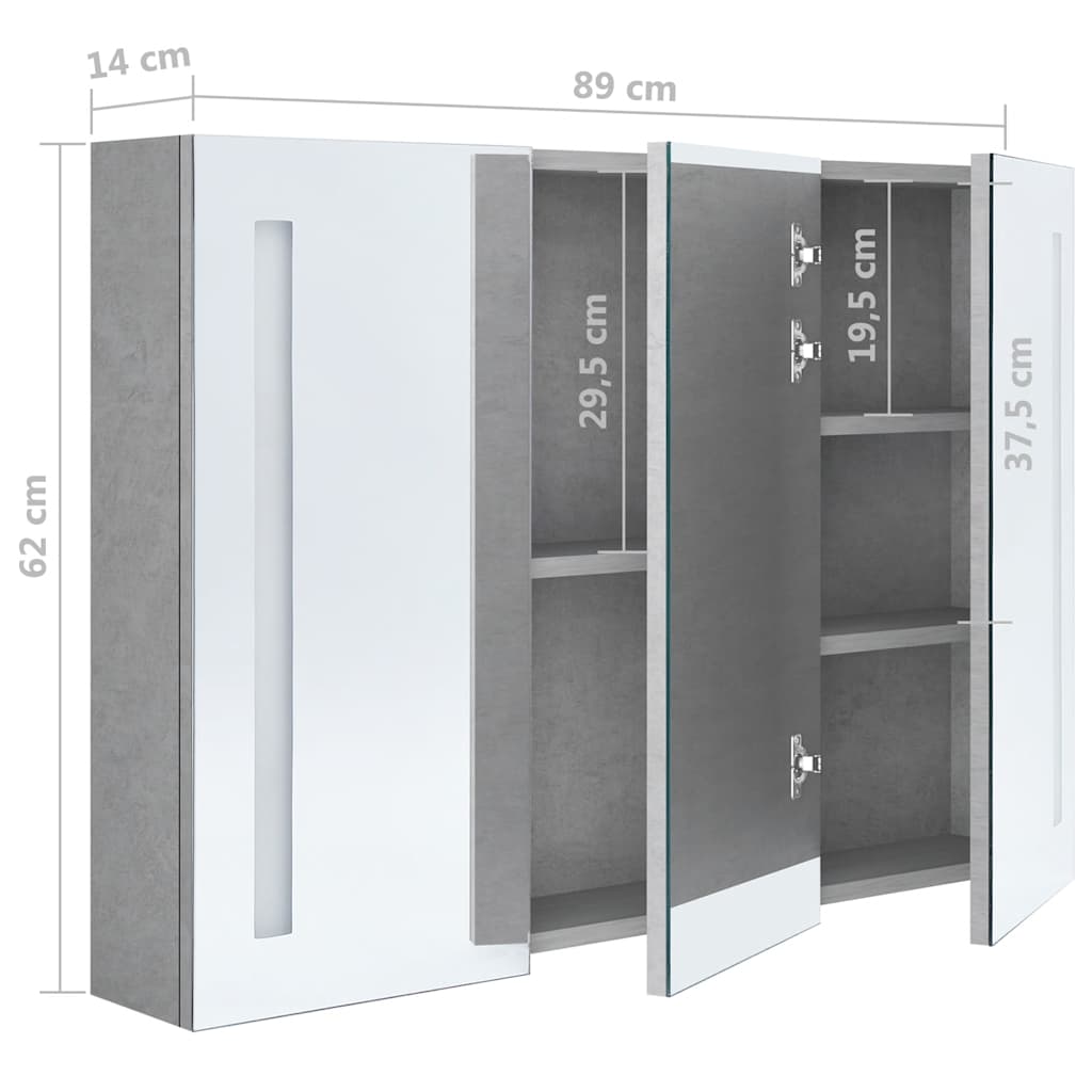 Armadietto Bagno con Specchio e LED Grigio Cemento 89x14x62 cm | homemem39