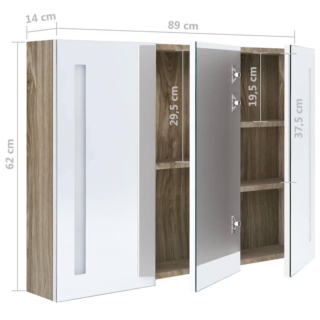Armadietto Bagno con Specchio e LED 89x14x62 cm Bianco e Rovere | homemem39