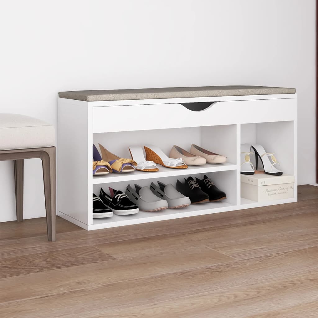 Panca Porta Scarpe con Cuscino Bianca 104x30x49cm Multistrato - homemem39