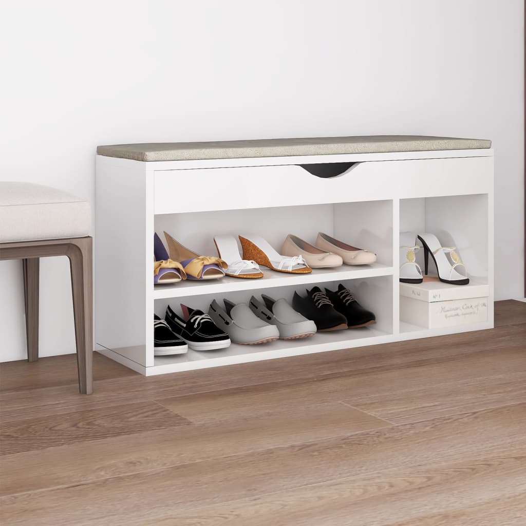 Panca Porta Scarpe Cuscino Bianco Lucido 104x30x49 Multistrato - homemem39
