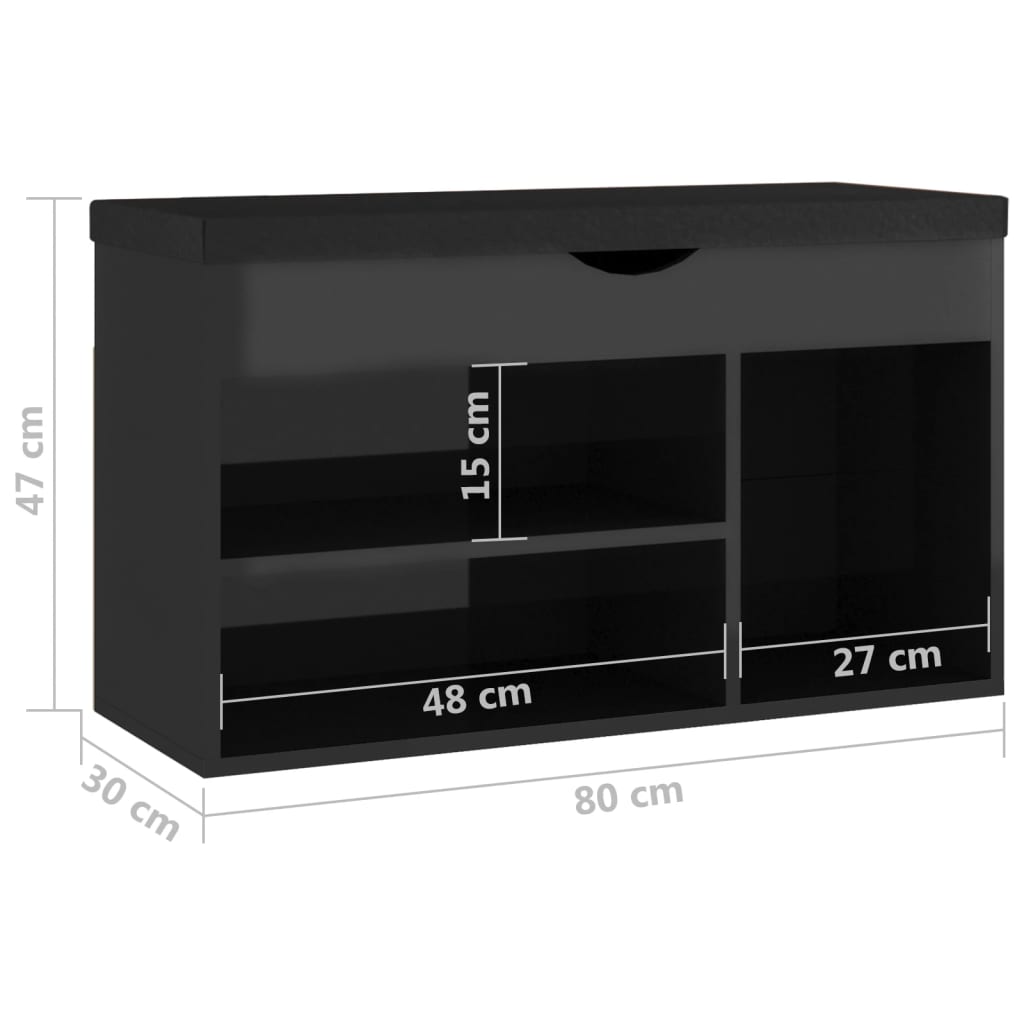 Panca Porta Scarpe Cuscino Nero Lucido 80x30x47cm Multistrato - homemem39