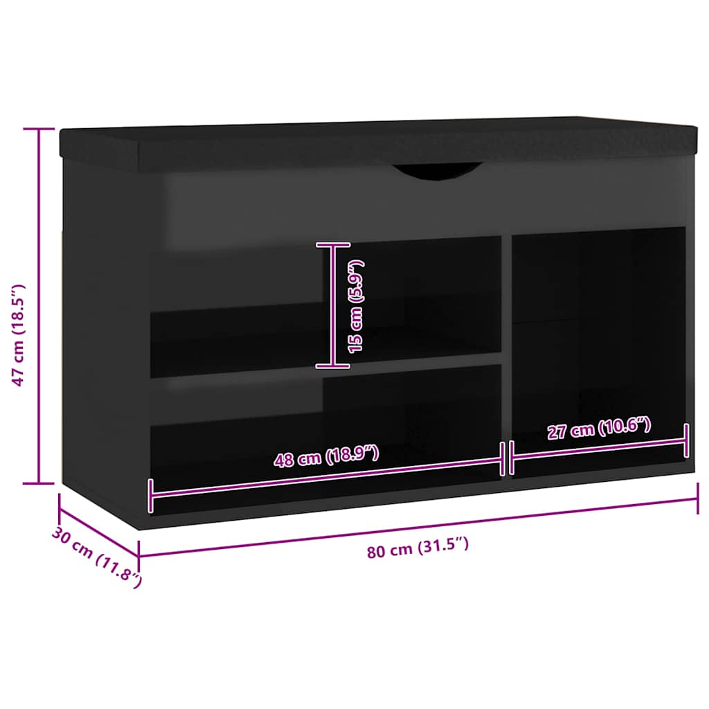 Panca Porta Scarpe Cuscino Nero Lucido 80x30x47cm Multistrato | homemem39