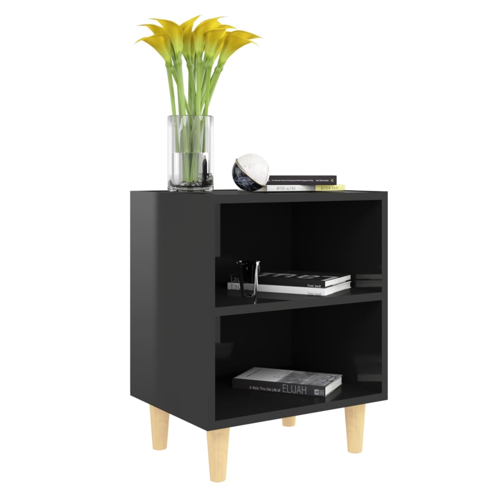 Comodino con Gambe in Legno Massello Nero Lucido 40x30x50 cm - homemem39