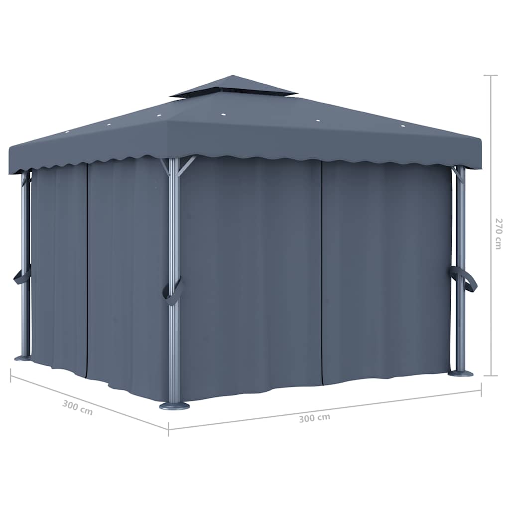 Gazebo con Tende e Stringa di Luci LED 3x3 m Antracite