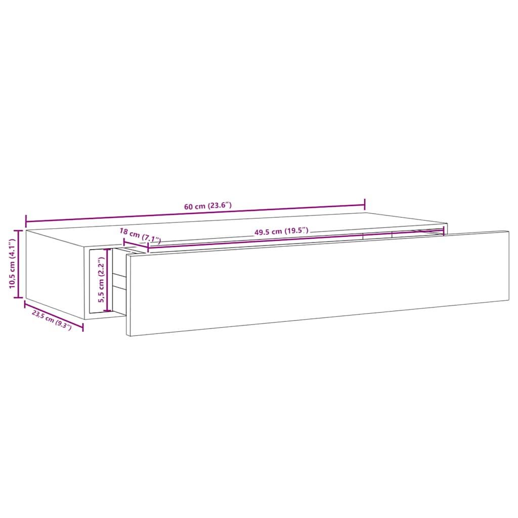 Mensola a muro con cassetti in rovere e bianco 60x23,5x10 cm MDF | homemem39
