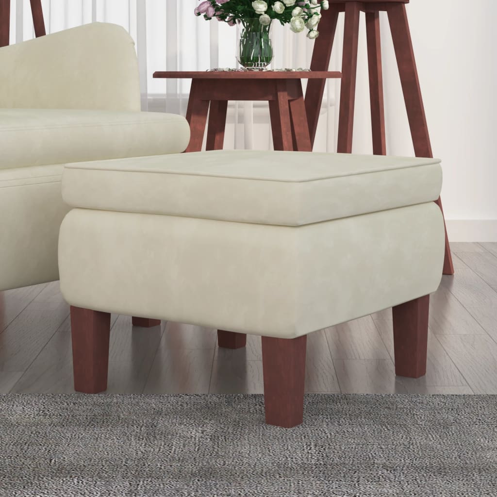 Poggiapiedi con Gambe in Legno Crema in Velluto - homemem39