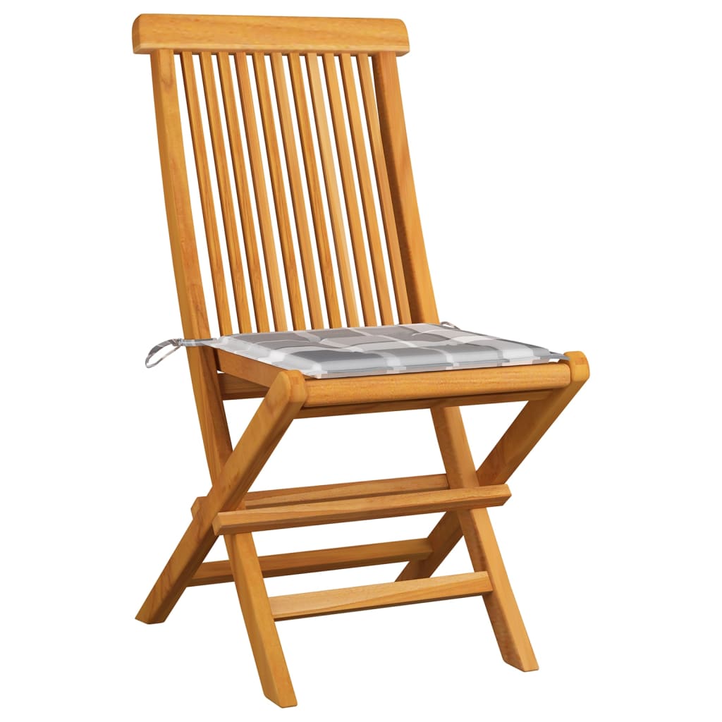 Sedie da Giardino e Cuscini Grigi a Quadri 8 pz Massello Teak
