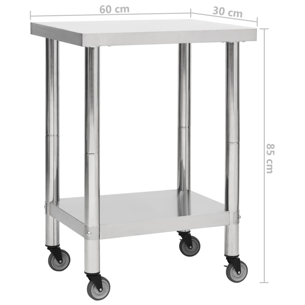 Tavolo da Lavoro Cucina con Ruote 60x30x85 cm in Acciaio Inox | homemem39