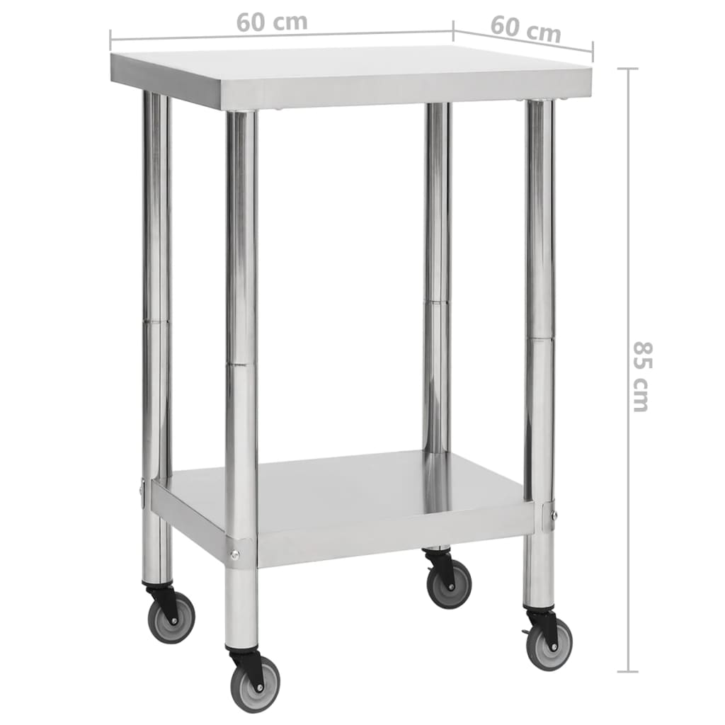 Tavolo da Lavoro Cucina con Ruote 60x60x85 cm in Acciaio Inox | homemem39