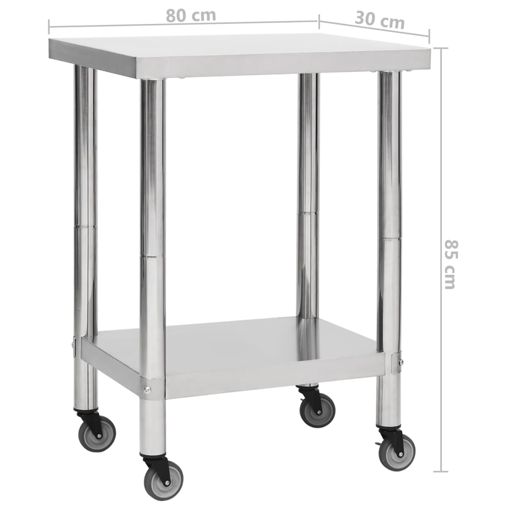 Tavolo da Lavoro Cucina con Ruote 80x30x85 cm in Acciaio Inox - homemem39