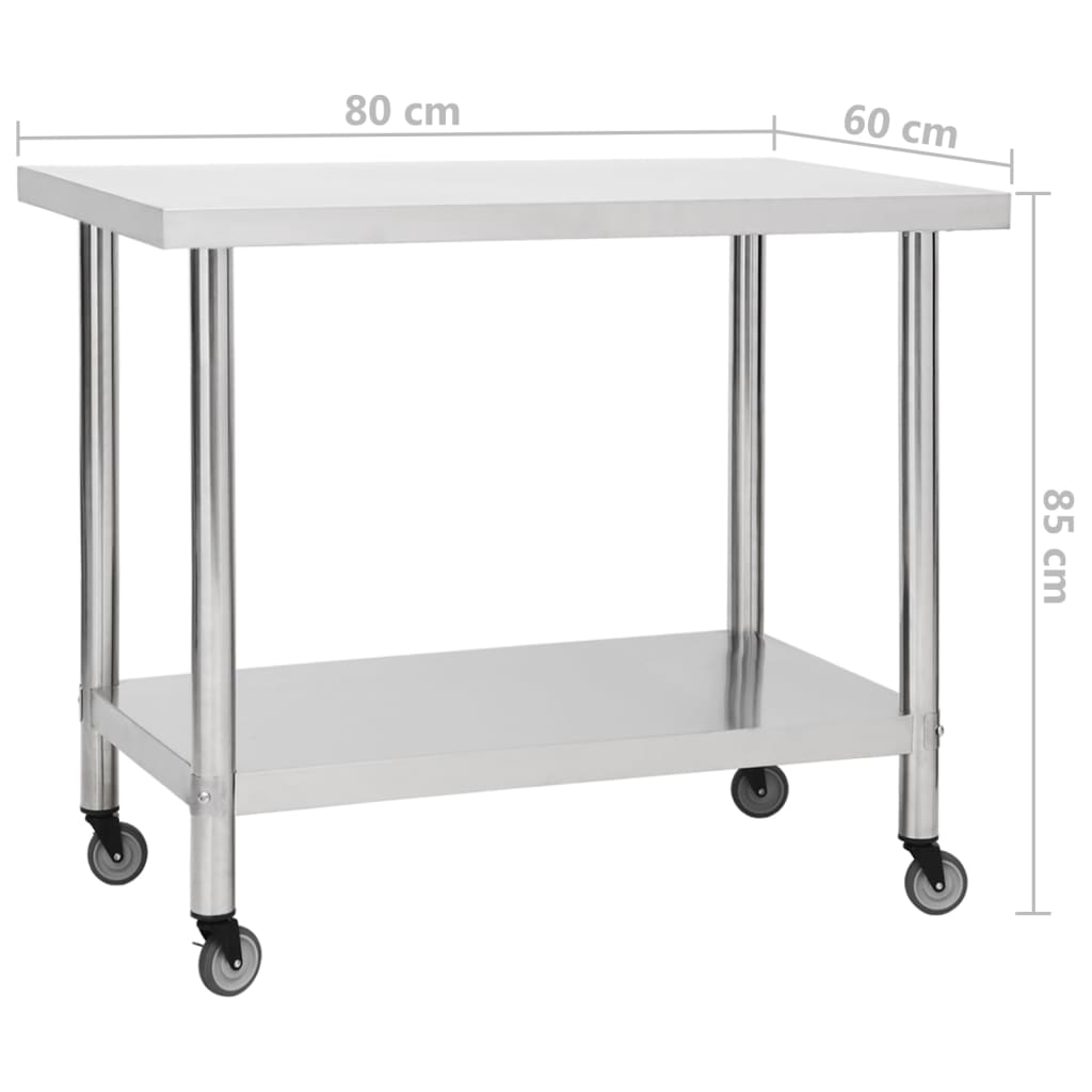 Tavolo da Lavoro Cucina con Ruote 80x60x85 cm in Acciaio Inox | homemem39