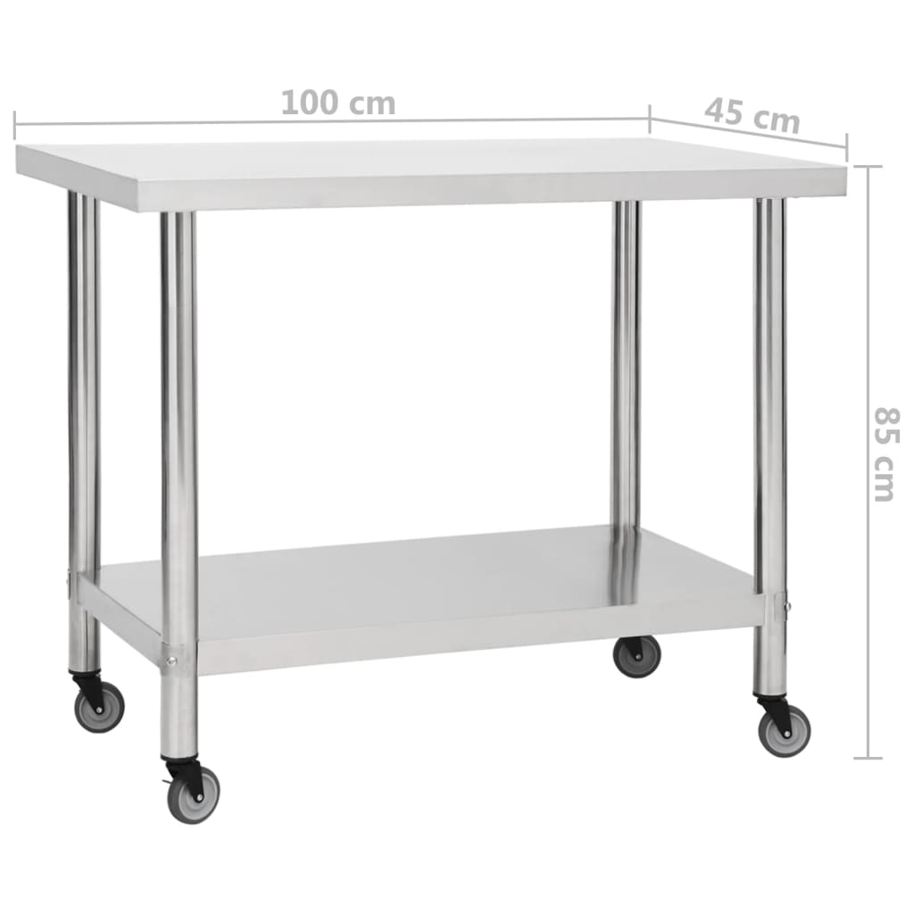 Tavolo da Lavoro Cucina con Ruote 100x45x85 cm in Acciaio Inox | homemem39