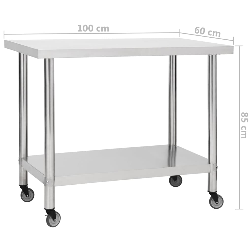Tavolo da Lavoro Cucina con Ruote 100x60x85 cm in Acciaio Inox | homemem39