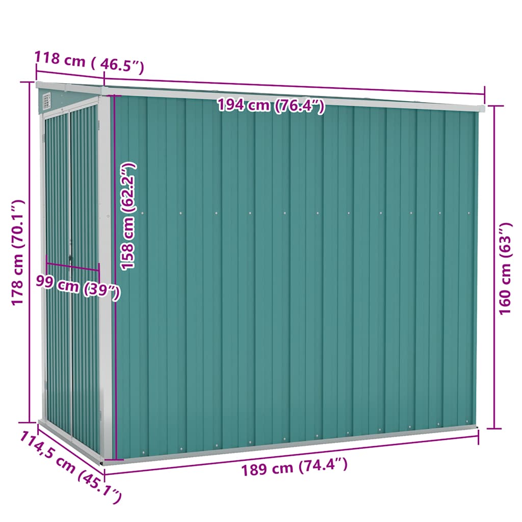 Capanno Giardino a Parete Verde 118x194x178 cm Acciaio Zincato - homemem39