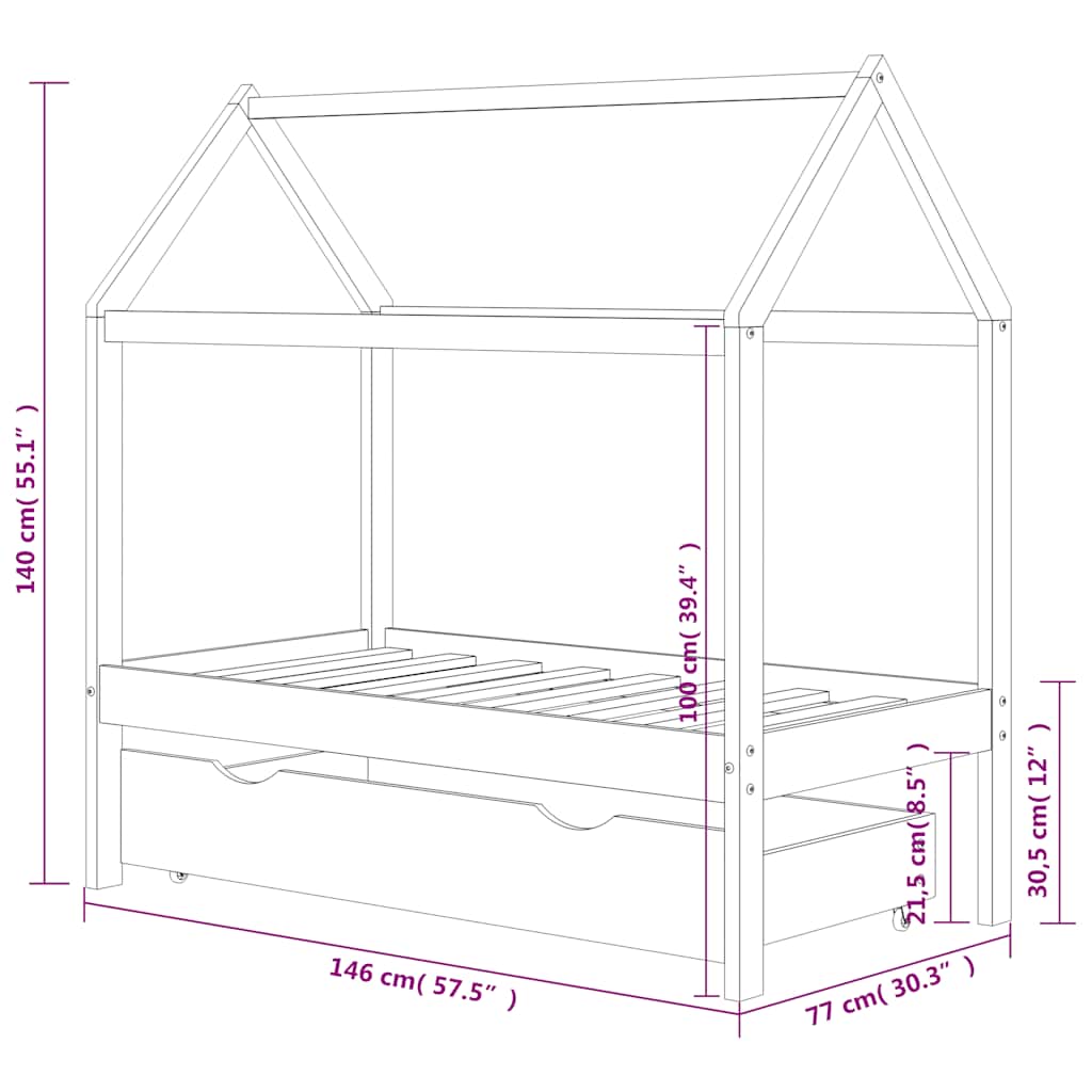 Giroletto per Bambini con Cassetto in Pino Massello 70x140 cm | homemem39
