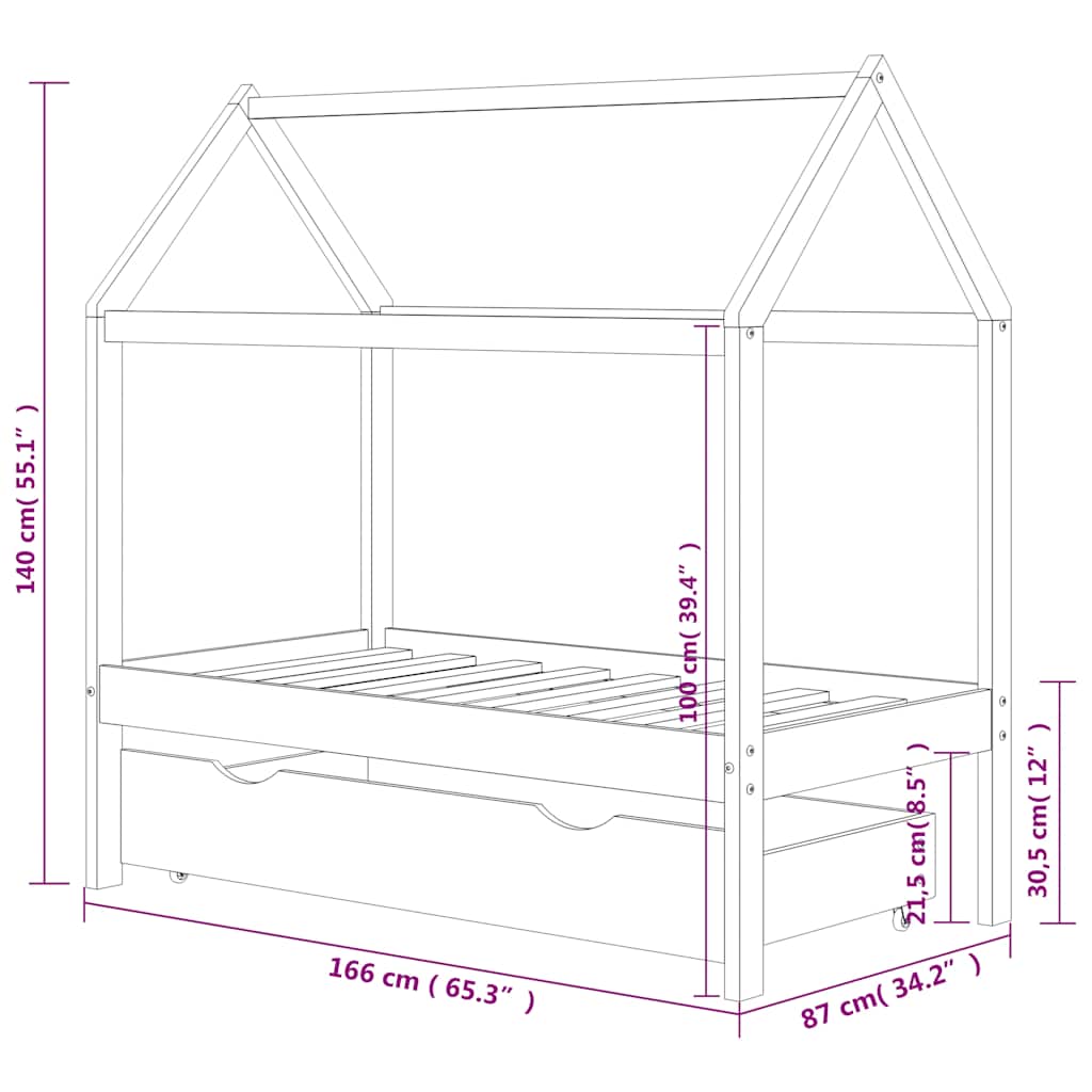 Giroletto per Bambini con Cassetto Legno Massello Pino 80x160cm | homemem39