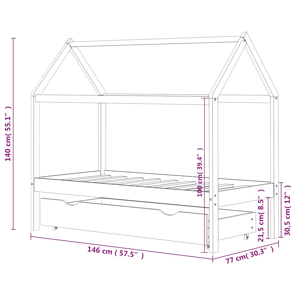 Giroletto per Bambini Cassetto Bianco in Pino Massello 70x140cm | homemem39