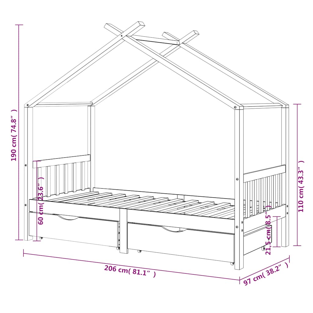 Giroletto Bambini con Cassetti 90x200 cm Legno Massello di Pino - homemem39