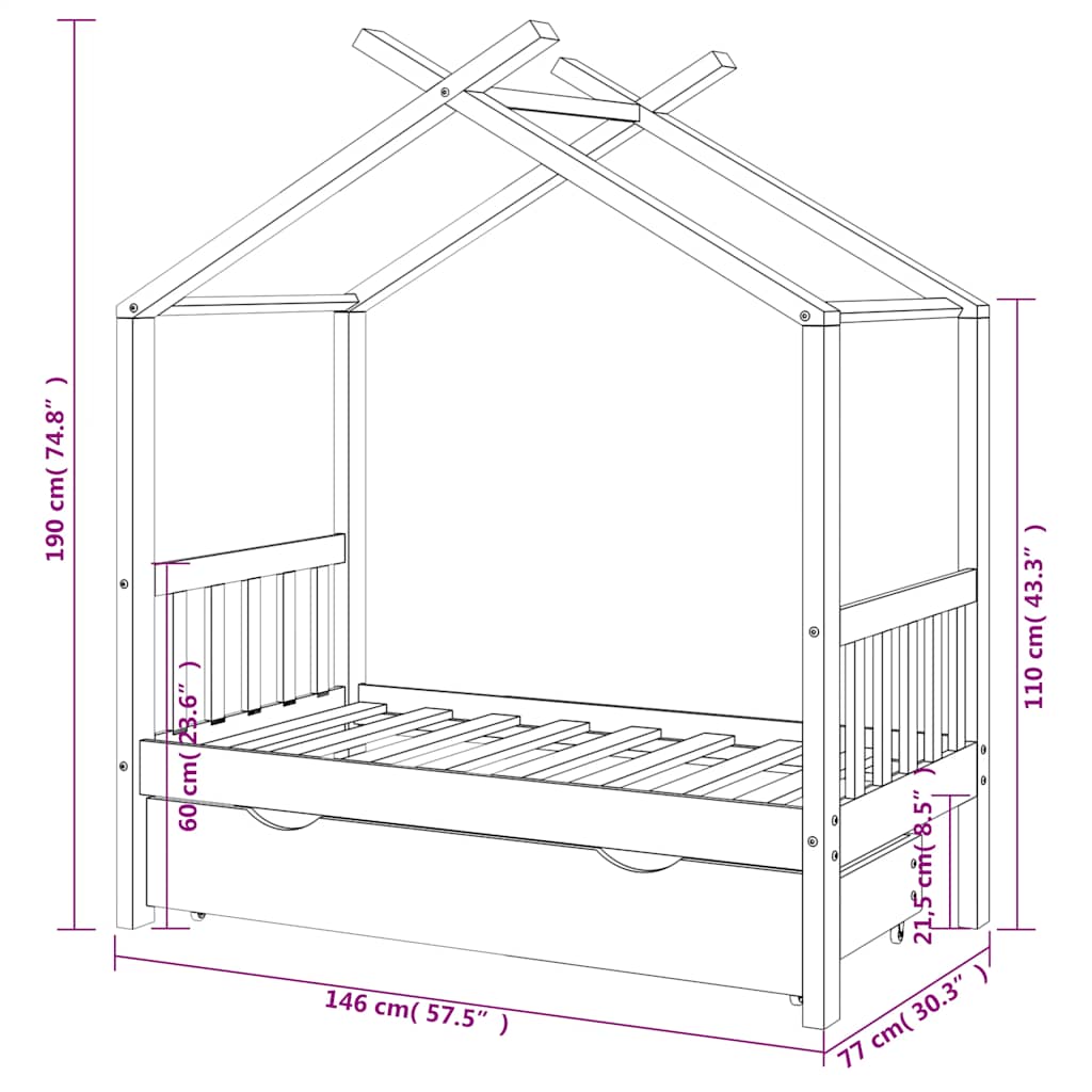 Giroletto Bambini con Cassetto Bianco Legno di Pino 70x140 cm - homemem39