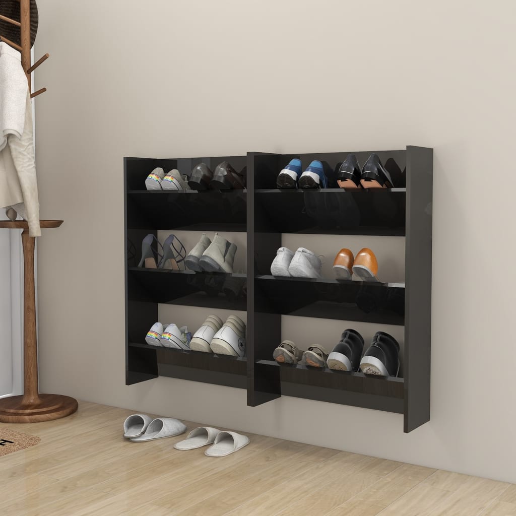 Wall Shoe Racks 2pcs Glossy Black 60x18x90cm Multilayer Wood