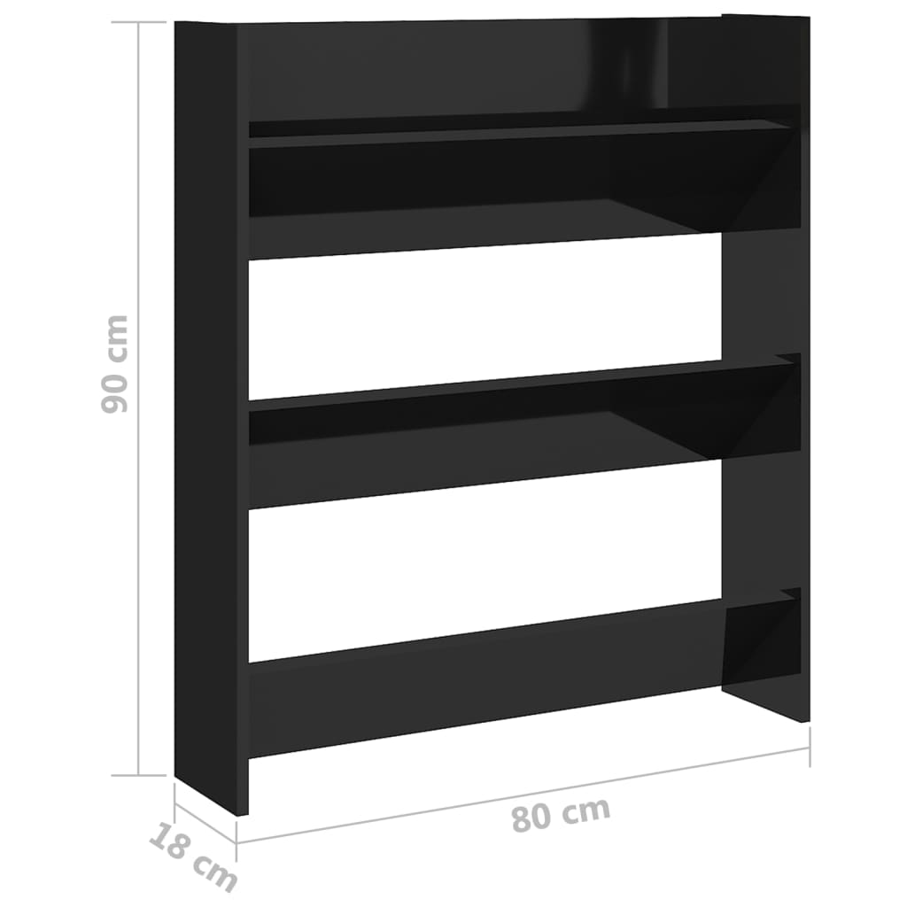 Glossy Black Wall Shoe Rack 80x18x90 cm in Multilayer Wood