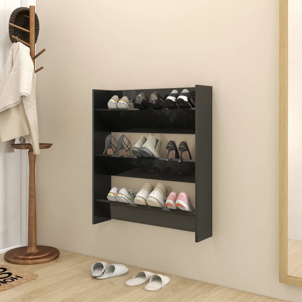 Glossy Black Wall Shoe Rack 80x18x90 cm in Multilayer Wood