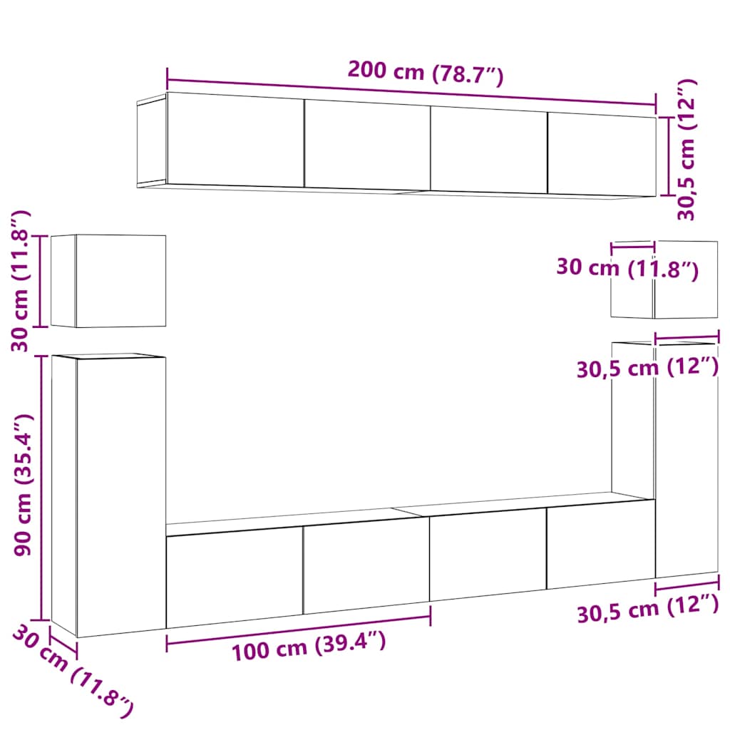 Set Mobili Porta TV 8pz Bianco in Legno Multistrato
