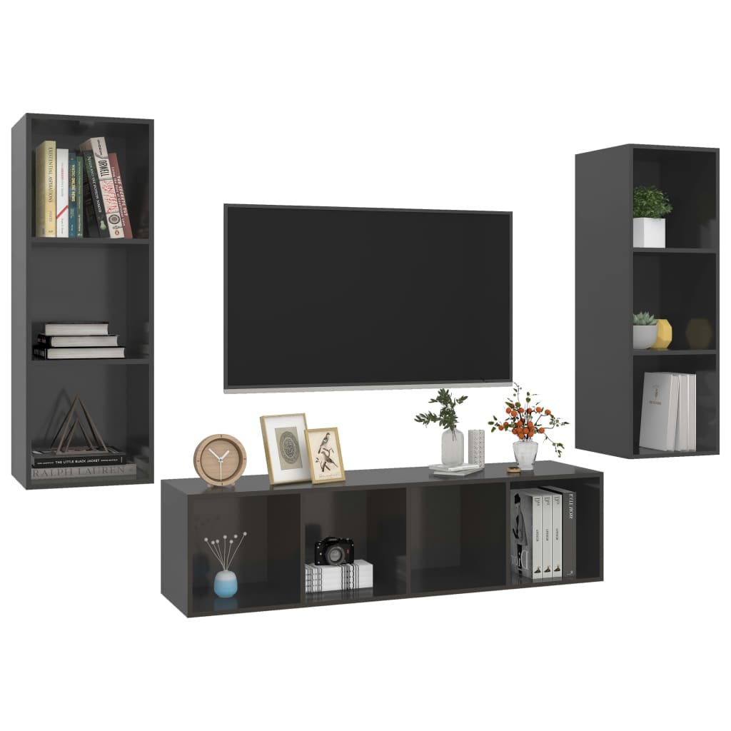 Set Mobile TV 3 pz Grigio Lucido in Truciolato - homemem39