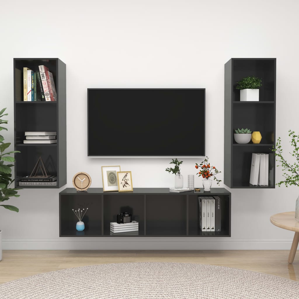 Set Mobile TV 3 pz Grigio Lucido in Truciolato - homemem39