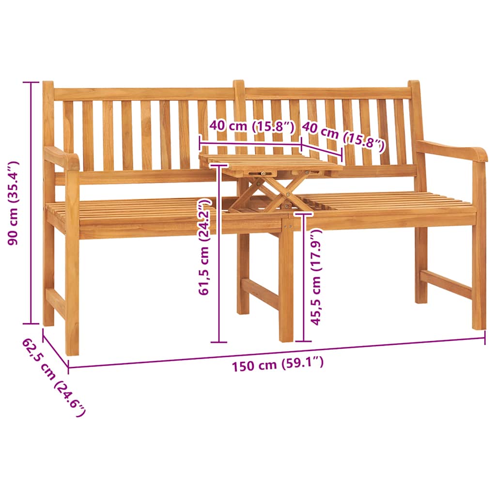 Panca Giardino 3 Posti con Tavolino 150 cm Legno Massello Teak