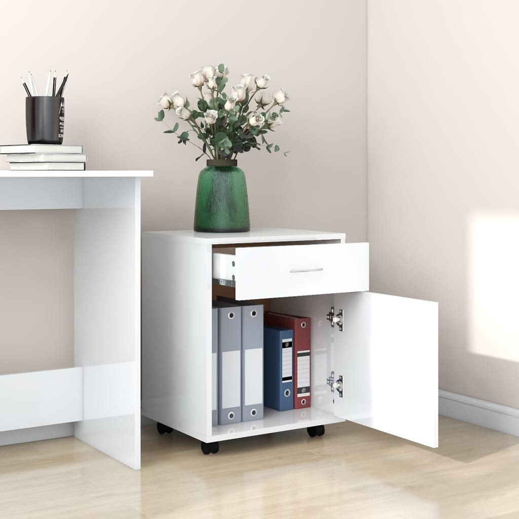 Mobiletto con Ruote Bianco Lucido 45x38x54cm Legno Multistrato - homemem39