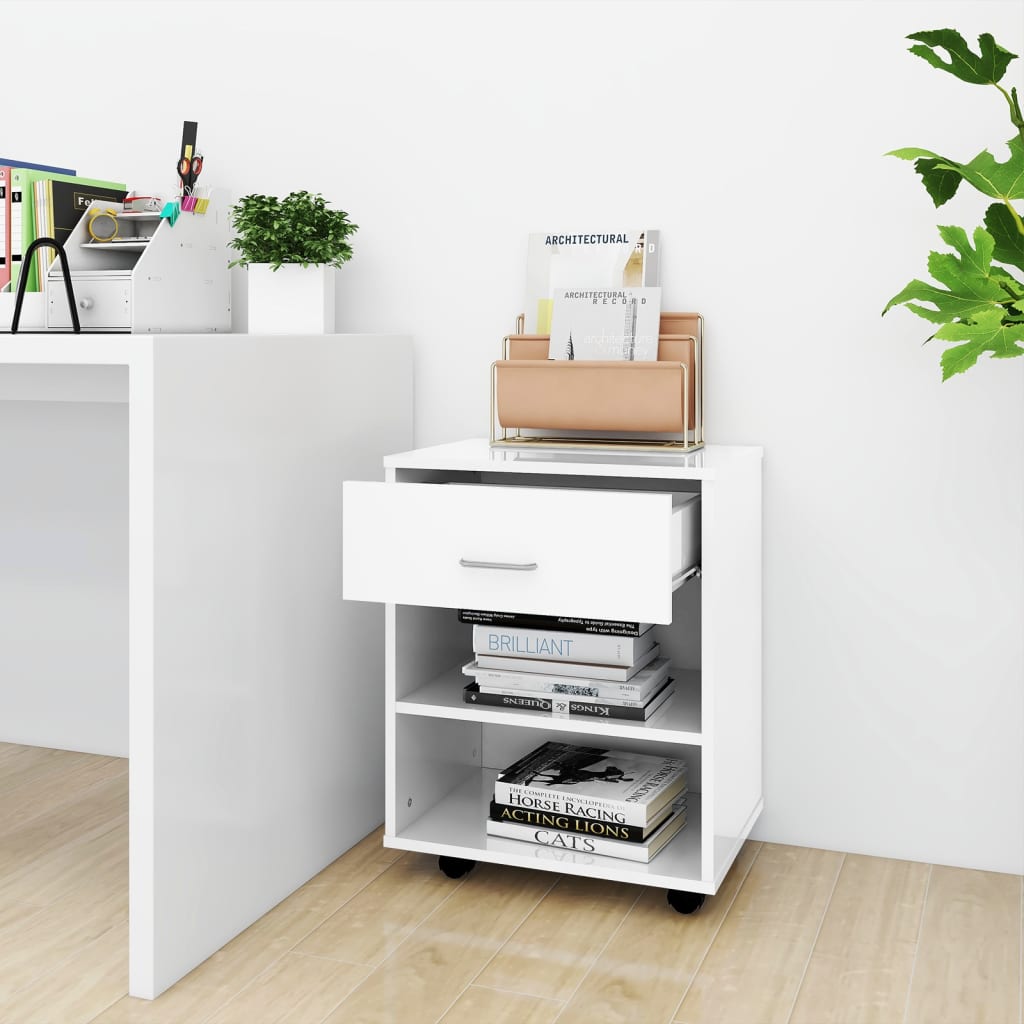 Mobiletto con Ruote Bianco Lucido 46x36x59 cm Legno Multistrato - homemem39