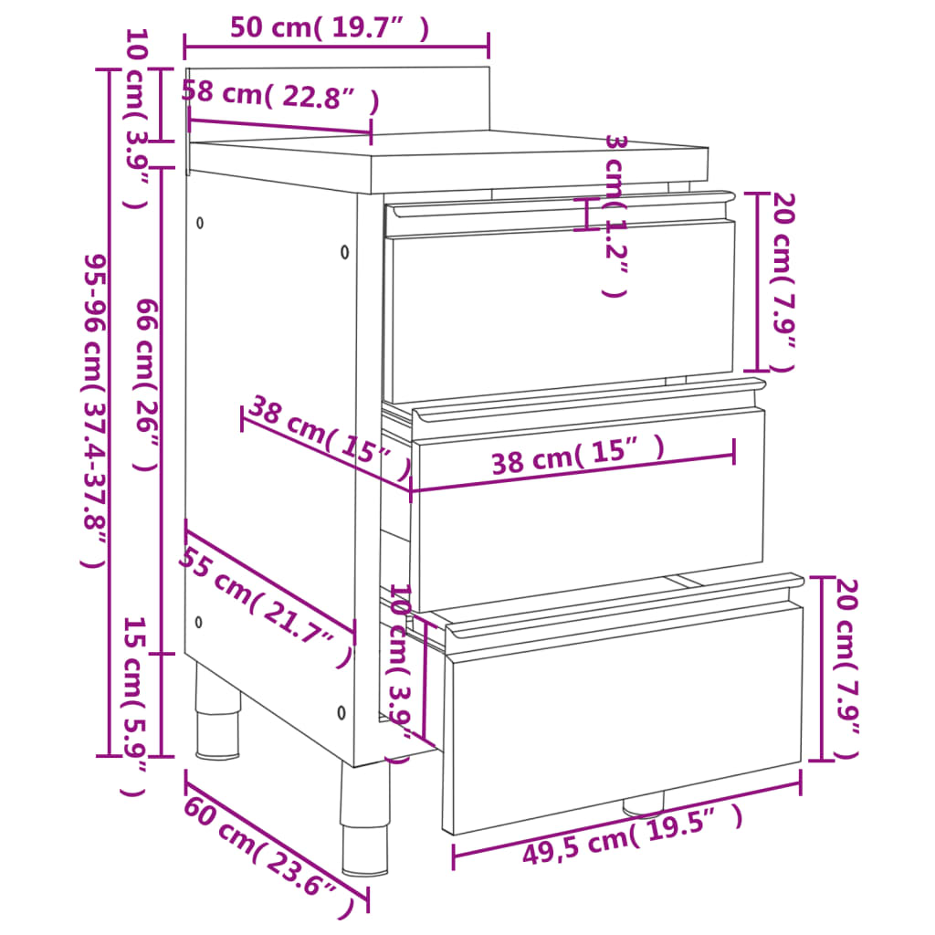 Mobiletto da cucina commerciale con 3 cassetti 50x60x96 cm - homemem39