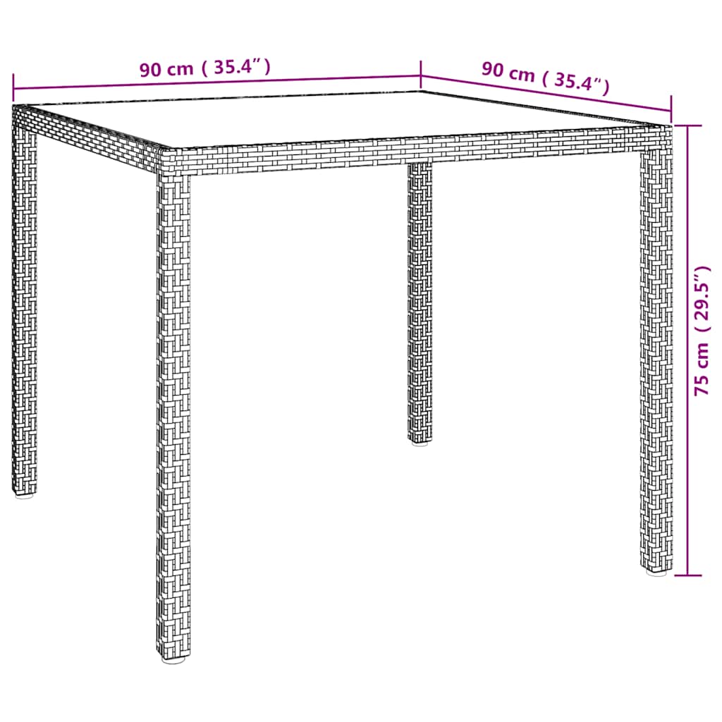 Garden Table 90x90x75 cm Tempered Glass and Gray Polyrattan