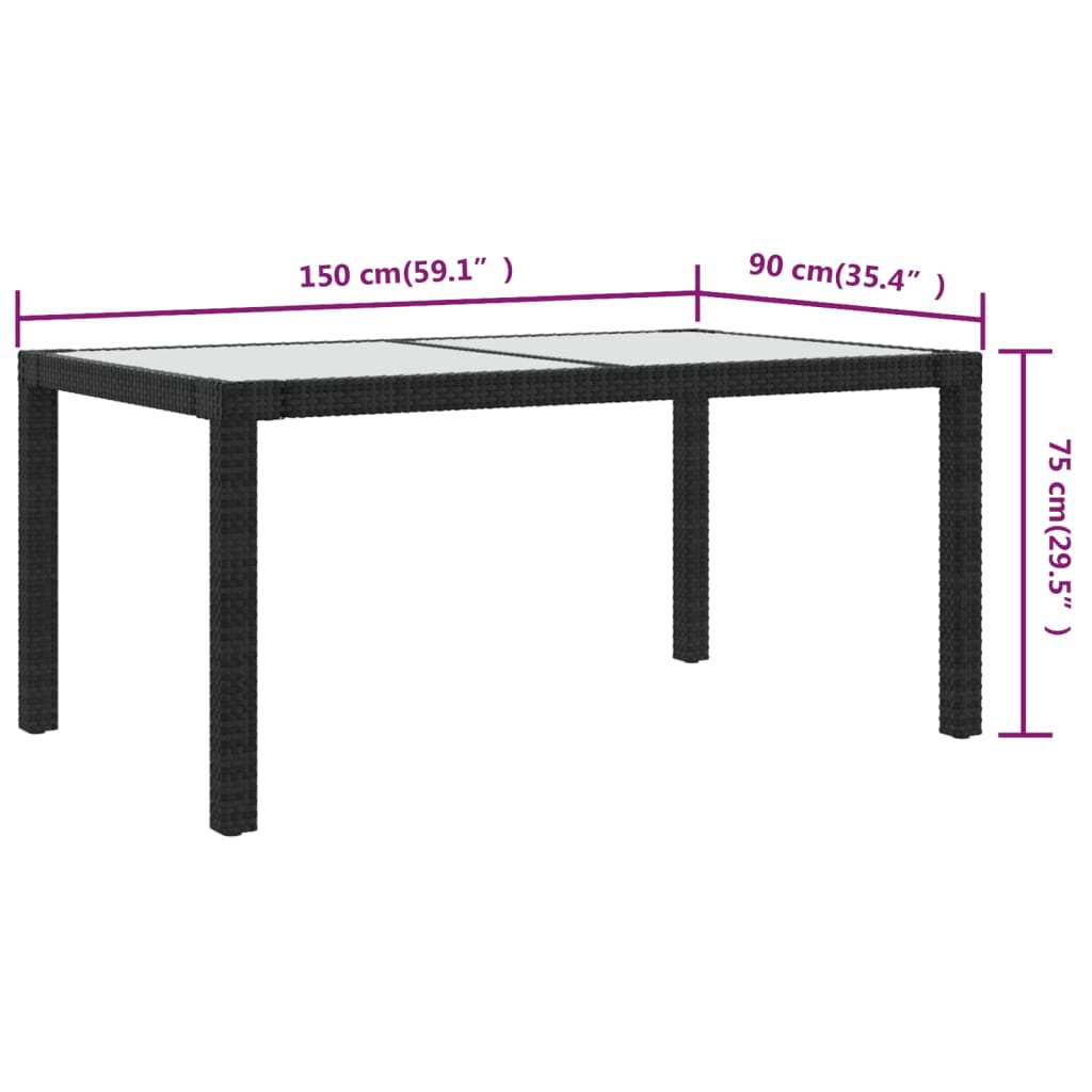 Tavolo Giardino 150x90x75 cm Vetro Temperato e Polyrattan Nero