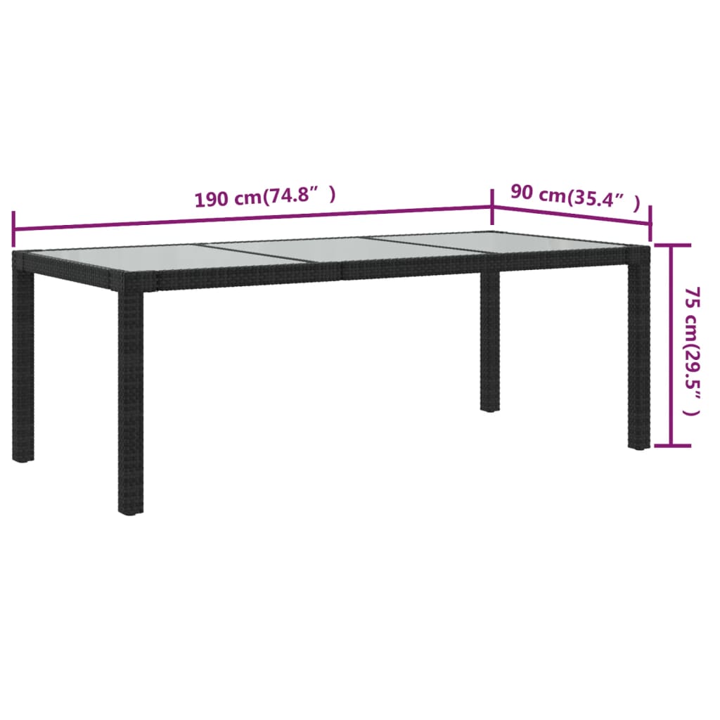 Tavolo Giardino Nero 190x90x75 cm Vetro Temperato e Polyrattan - homemem39