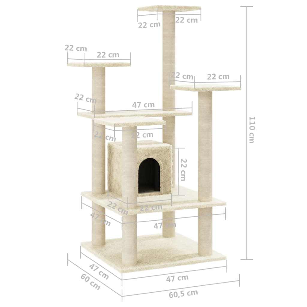 Albero per Gatti con Pali Tiragraffi in Sisal Crema 110 cm - homemem39