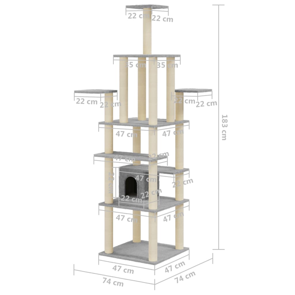 Albero per Gatti con Tiragraffi in Sisal Grigio Chiaro 183 cm | homemem39