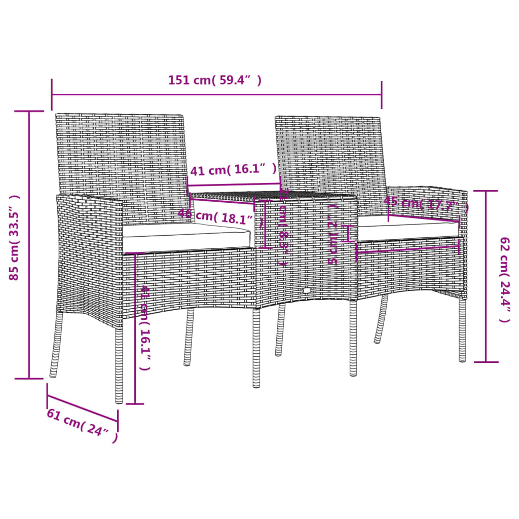 Divano da Giardino 2 Posti con Tavolino in Polyrattan Antracite - homemem39