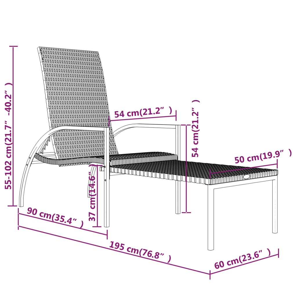 Sun Lounger with Footrest in Black PE Rattan