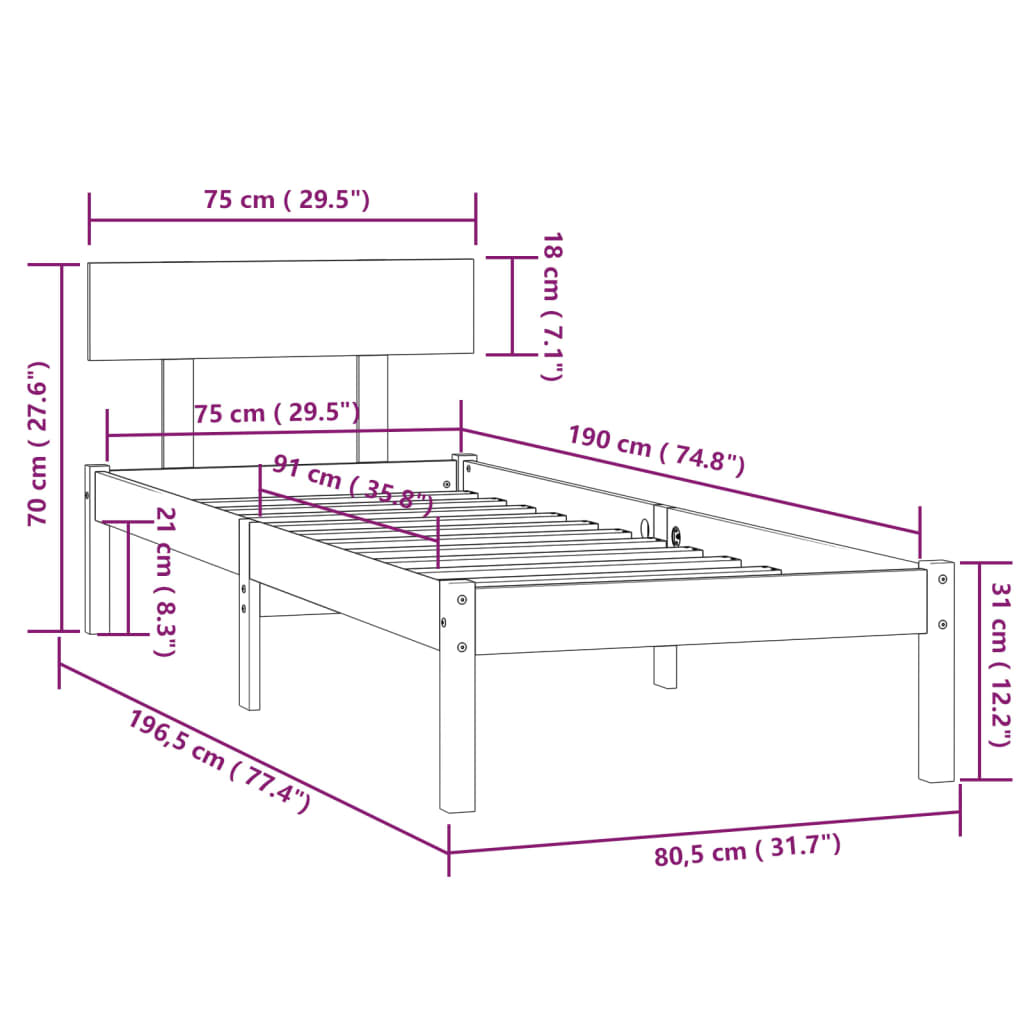 Giroletto in Legno Massello Nero 75x190 cm Small Single | homemem39
