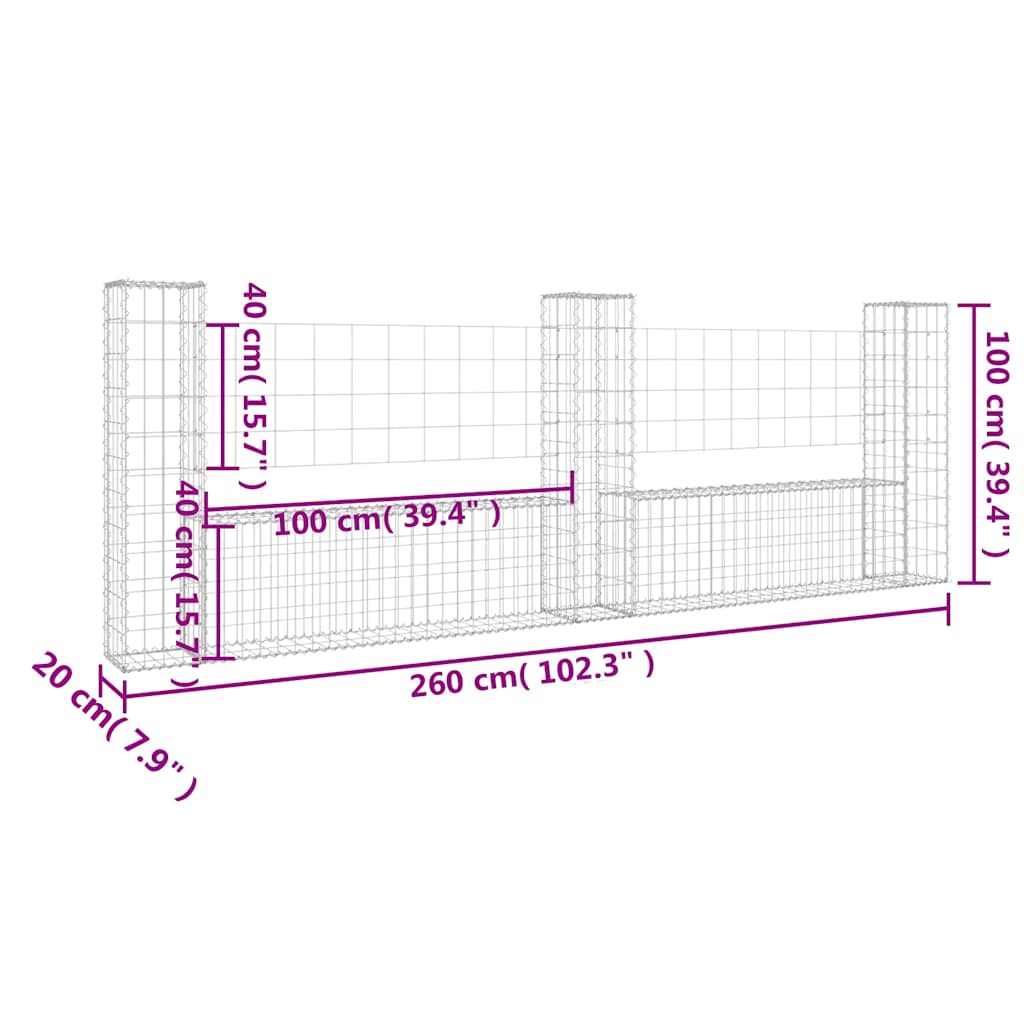 Cesto Gabbione a U con 3 Pali in Ferro 260x20x100 cm - homemem39
