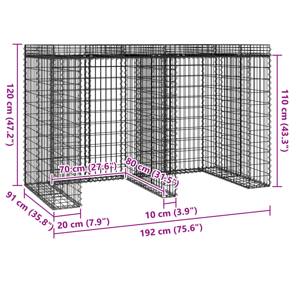 Parete Gabbioni Bidone Spazzatura 192x91x120 cm Ferro Zincato - homemem39