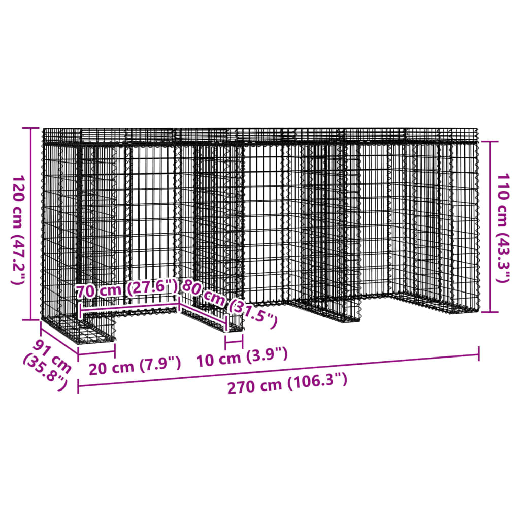 Parete Gabbioni Bidone Spazzatura 270x91x120 cm Ferro Zincato - homemem39